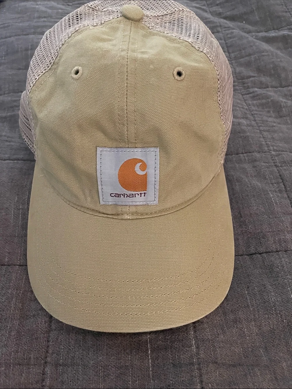 Carhartt Khaki Tan Mesh-Back Baseball Cap with Orange Logo
